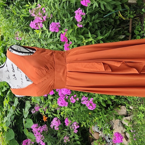 Women's Wedding, Bridesmaids, Formal Draped Burnt Orange V-Neck,  Dress - Picture 6 of 12